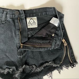 SOLD- UNIF Black Frayed Zip Slitz High Rise Shorts - tagged 28